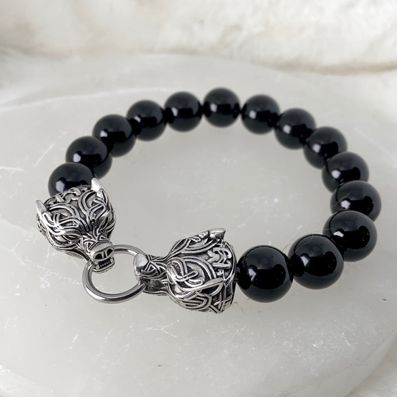 Men or women Rocker viking stainless steel tribal wolfs heads & genuine onyx - Picture 2 of 16